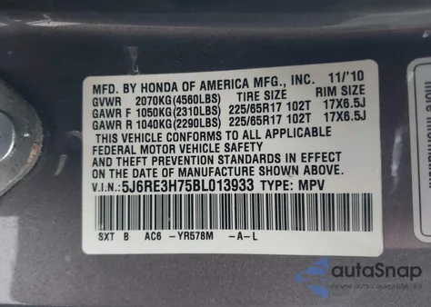 2011 Honda Cr-V Ex-L z USA, uszkodzony, nr VIN 5J6RE3H75BL013933